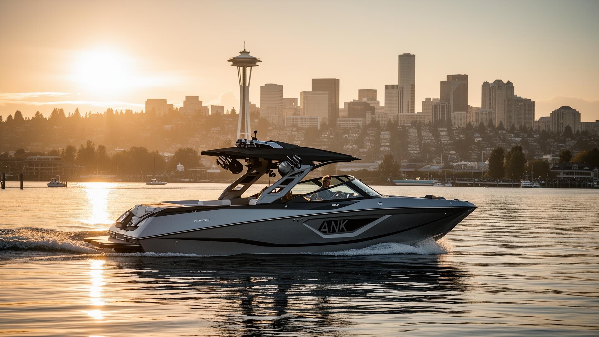 Boat cruising on Lake Union with Seattle skyline